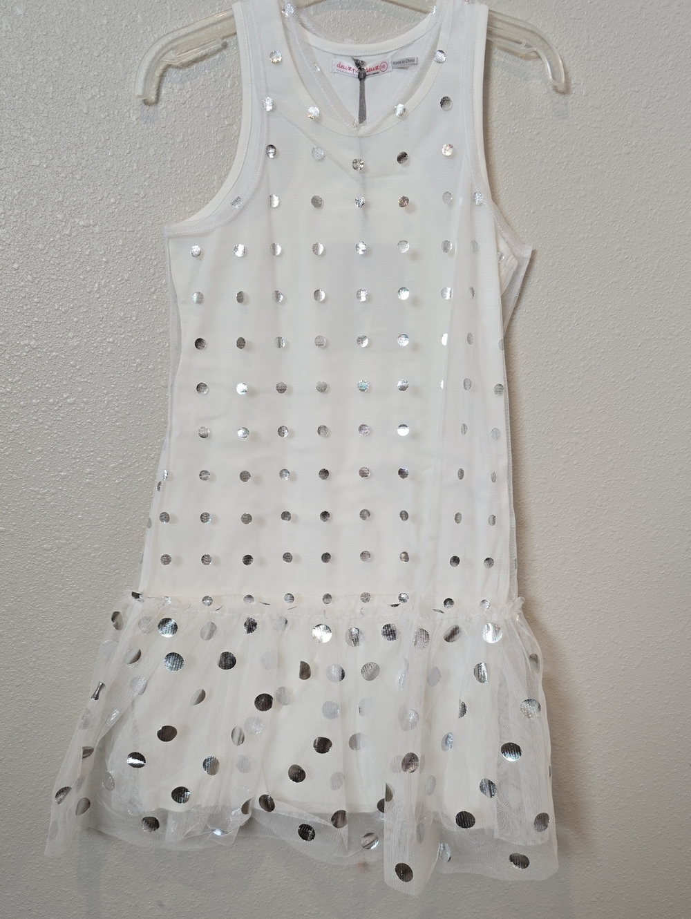 deux par deux White Dress with Silver Sequin Polka Dots Great For Sister Sets